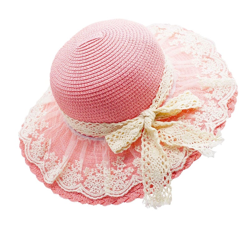 Bienvenu Little Girl Kids Summer Straw Hat Wide Brim Floppy Beach Sun Visor Hat,Pink - Image 2